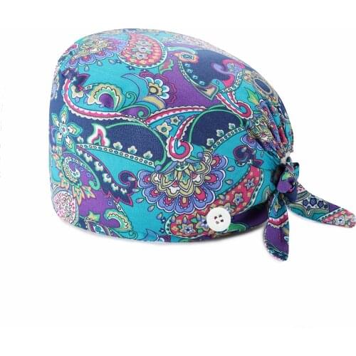 Unisex Adjustable Working Scrub Cap with Protect Ears Button Electrocardiogram Embroidery Floral Print