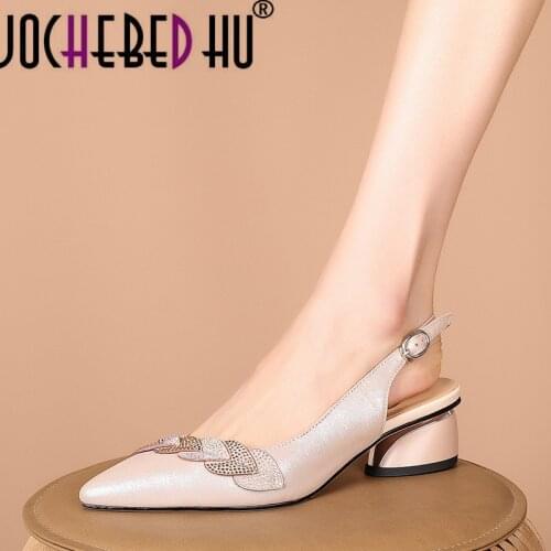 【JOCHEBED HU】2021 Genuine Leather Hollow Sandals Square High Heel Summer Women Shoes Back Strap Pointed Toe Female Pumps Size 33