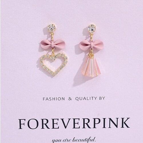 YAOLOGE New Pink Bowknot Heart Rhinestone Drop Earrings Asymmetry Crystal Earrings Gift For Women 2021 Fashion Jewelry Brincos