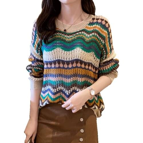 Long Sleeve Hollow Out Knitted Pullover Tops Crochet Autumn O-neck Striped Pull Jumpers Top Casual Female Pullovers Sweater