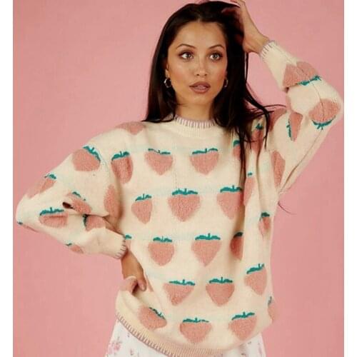 Women Cute Pink Strawberry Embroidery Knitted Sweater Round NeckLong Sleeve Loose Pullover Top Knitwear E-Girls Kawaii Clothes