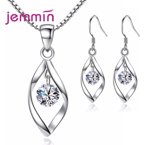 Fashion 925 Sterling Silver Crystal Pendant Necklace Drop Earrings Bridal Jewelry Sets For Women Valentines Day Gift Wholesale