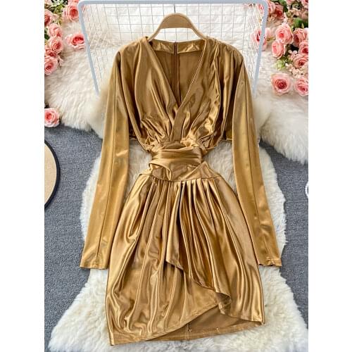 Autumn Vintage Gold/Black Satin Draped Dress Women Elegant V-Neck Long Sleeve High Waist Irregular Robe Female Vestidos 2021 New