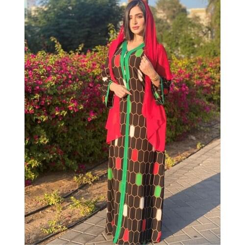 2021 Eid Ramadan Dubai Jalabiya Fashion Plaid Print Plus Size Dress Maxi Dress For Women Moroccan Kaftan Arabic Muslim Clothes