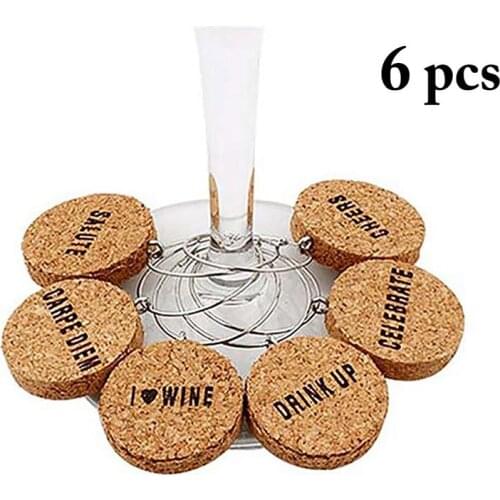 6PCS Creative Wooden Wine Glass Tag Decorative Letter Cork Wine Glass Marker Wine Glass Charm Bar Accessories For Party