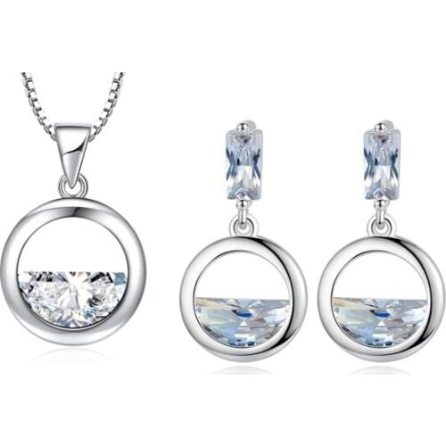 925 Sterling Silver Jewelry Sets Round Shaped Zirconia Water Drop Necklace+Earrings For Women Gift