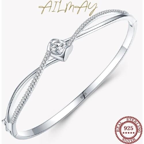 Ailmay Sparkle Interwoven Bracelets Fashion 925 Sterling Silver CZ Zircon Bracelets For Women Classic Wedding Statement Jewelry