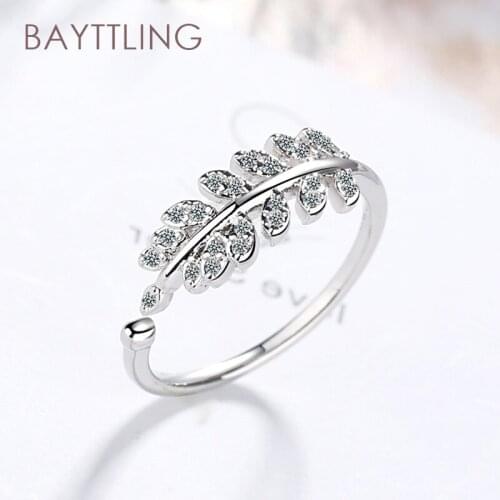 BAYTTLING 925 Sterling Silver High Quality Luxury Zircon Leaf Open Ring For Woman Fashion Wedding Jewelry Couple Ring Gift
