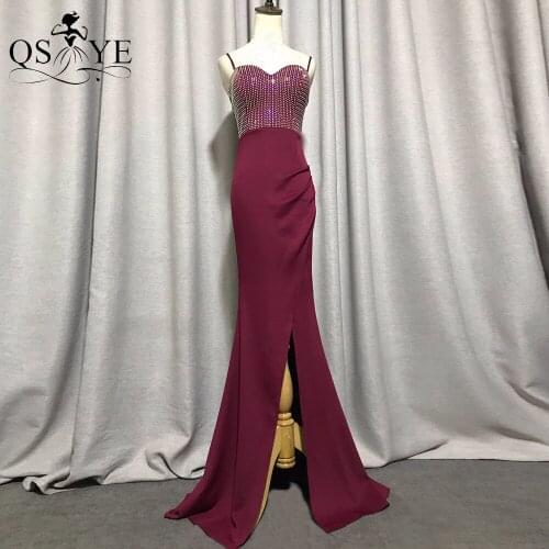 QSYYE Wine Red Evening Dress Mermaid Straps Sweet Sequined Bodice Sexy Long Party Gown Simple Elastic Split Formal Dresses Prom