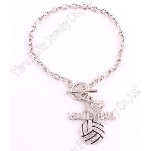 Rhodium plated with sparkling crystals I LOVE VOLLEYBALL pendant bracelet