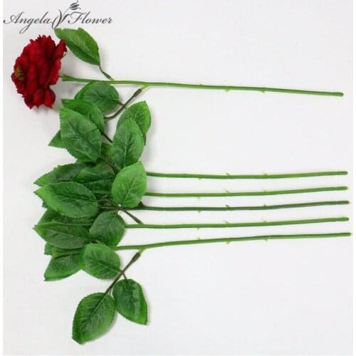 DIY Rose Flower Stem With Leaf Artificial Flower Head Accessories Wedding Flower Wall Materials Home Decoration Florist Craft