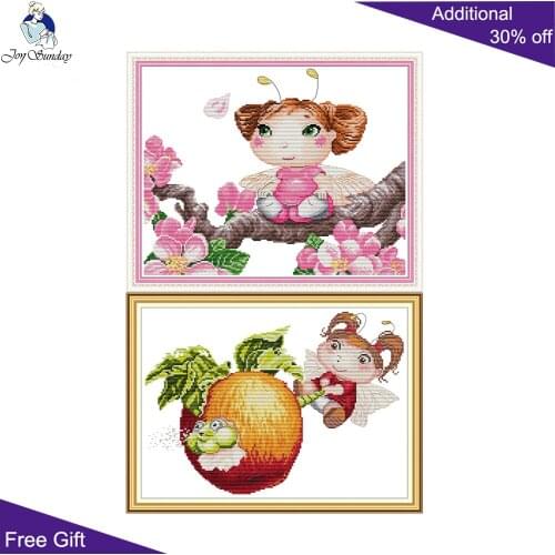 Joy Sunday Bee Fairy On Peach Tree Pull Hard DA445 KB111 Counted and Stamped Flower Baby Fairy Home Decor Cross Stitch kits