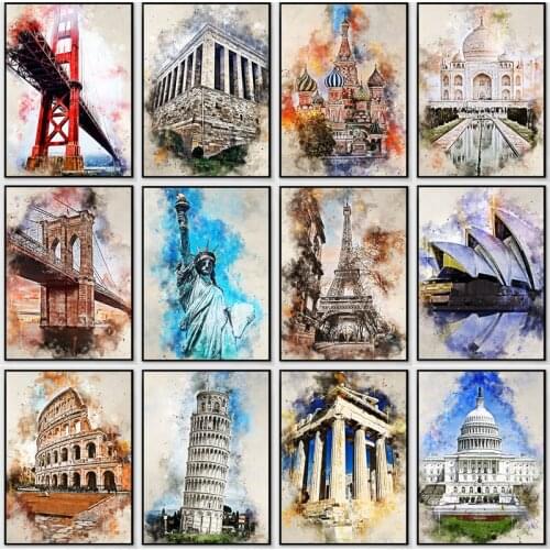 DIY Watercolo Europe City Diamond Painting Rhinestone Cross Stitch Full Square Round Drill Retro Landmark Tower Embroidery Decor