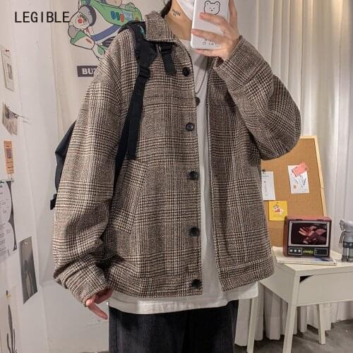 Legible Autumn Winter Plaid Jackets Mens Loose Turn-down Collar Jacket Male Japanese Oversize Jacket Man Streetwear