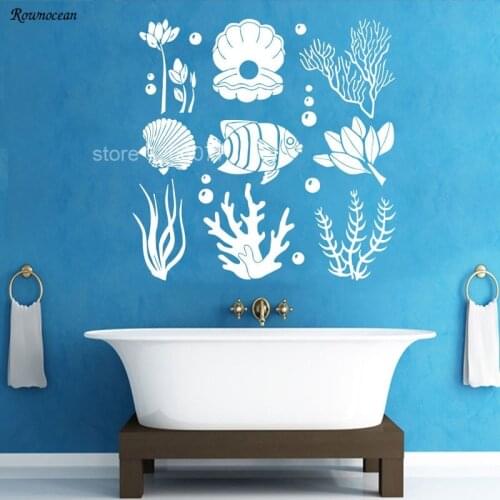 Marine Seaweed Fish Bubbles Wall Decals Ocean Sea Life Sticker Vinyl Bathroom Home Decor Art Interior Nautical Plant B-02