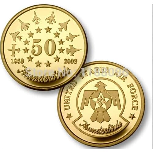 Low price custom cheap AIR FORCE THUNDERBIRDS MILITARY GOLD CHALLENGE COIN cheap new custom made usa military plate gold coins