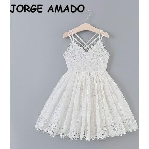 Girls Party Dresses 2020 Summer New Kids Princess Dress for Girl White Lace V-neck Halter Dress Baby Clothes E15181
