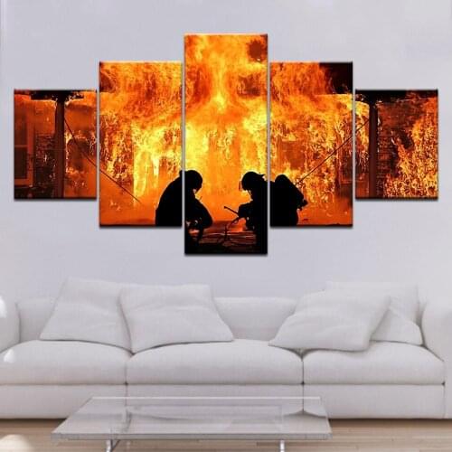 Modern Home Decoration 5 Panel Modular Hero Firemen Working HD Printed Poster Wall Art For Living Room Decor Picture Framedwork