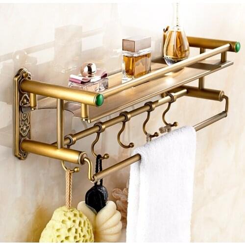 Bathroom Shelf Antique Brass Carved Bolt Inserting Type Wall Mounted Corner Shelf Storage Organizer Rack With Towel Bar and Hook