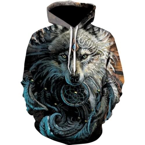 Spring/summer mens casual print long-sleeved hoodie 2020 fashion mens and womens animal battle Wolf hoodie jacket