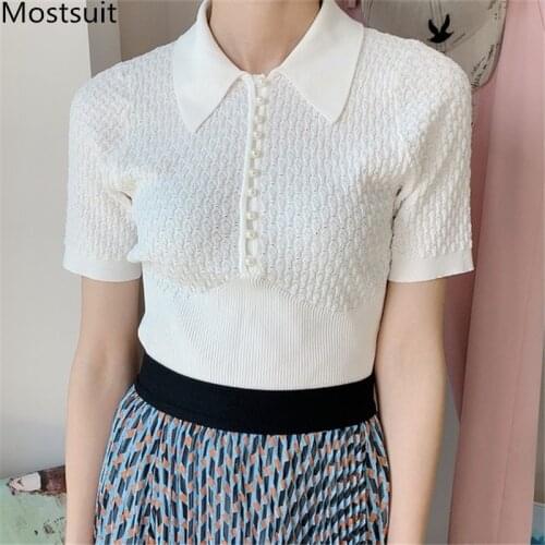 2020 Summer Korean Knitted Pearl Buttons Tshirts Tops Women Short Sleeve Turn-down Collar Fashion Elegant Ladies Tees T-shirts