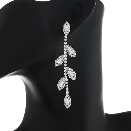 Leaf Design Bridal Dangle Earrings Sparkling Silver Color Rhinestone Crystal Long Earrings For Women Wedding Jewelry Gift E758