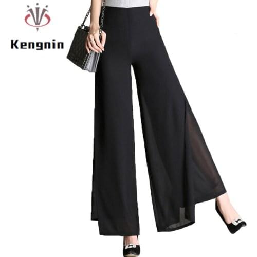 2021 Summer Wide Leg Women Pants Chiffon Ladies Trousers Loose Double Layers Split Pant Elegant Dance Capris Plus Size 4XL KN10