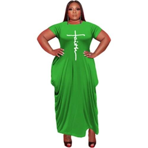 2021 New Faith Letter Printed Dress Plus Size Women Summer Short Sleeve Loose Maxi Dress 4XL 5XL Round Neck Pockets Casual Dress