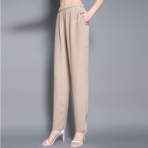100% silk pants for women Plus Size Harem Pants High Waist Pockets Solid casual straight long silk pants women Simple Design