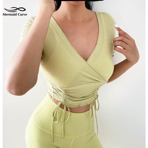 New Drawstring Quick-Drying Yoga Short-Sleeve T-Shirt Women Slim Running Sports Top Sexy V-Neck Cross Comfortable Dance Clothing