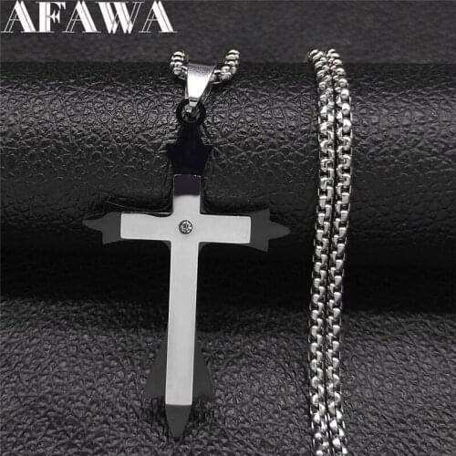 Christian Cross Crystal Stainless Steel Necklace Religious Belief Black Color Statement Necklace Men Jewelry bijoux N9527S05