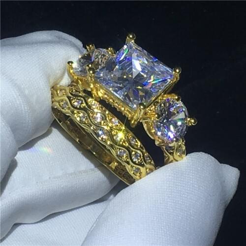 Vintage ring set Yellow Gold Filled 925 Silver AAAAA Cubic Zirconia Party Wedding Band Rings for women Men Anniversary Jewelry