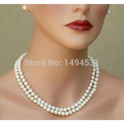 Wholesale Pearl Jewelry Set - 2Rows White Color 8mm Genuine Freshwater Pearl Necklace Earrings - Handmade Jewelry -Free Shipping