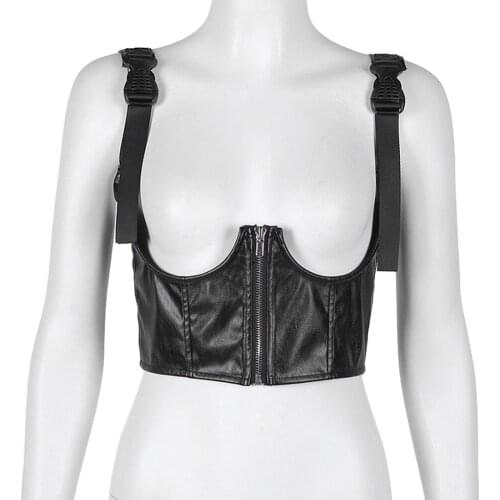 Women Black PU Tank Top Sexy Buckle Vest Slim Short Solid Camis Sleeveless Top Suitable for Club Nightclubs