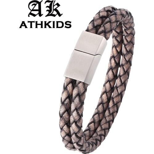 Men Jewelry Double Layer Handmade Leather Rope Bracelet Weaved Male Bracelets Stainless Steel Magnet Clasp Classic Bangles PD504