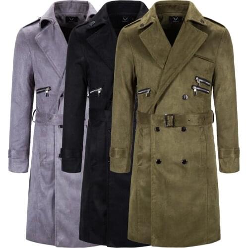 Mens Woolen Coat Double Breasted Woolen Jacket Casual Solid Color Long Trench Coat with Waistband Belt and Zipper Pocket