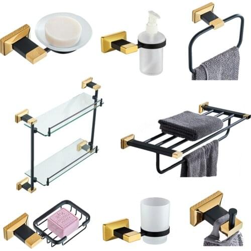 Solid Brass Bathroom Accessories Set Toilet Brush Holder Black Gold Bathroom Hardware Pendant Towel Rack Wall Mounted Soap Dish