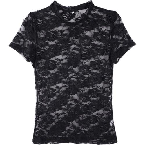Neatie Kiddie Sexy Black Lace Hollow Out See-through T-shirt Women Clothes Summer Short Sleeve Slim Tops Female T shirt