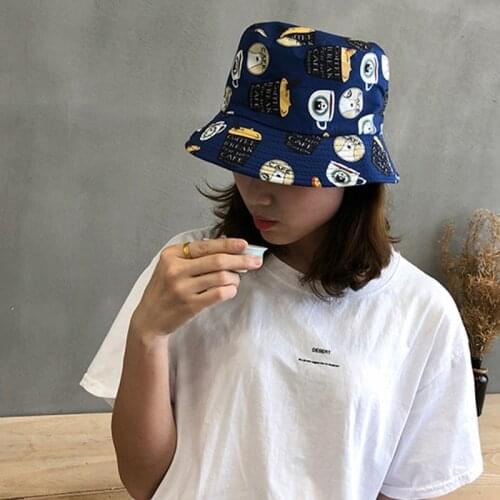 Unisex Personalized Printing Bucket Hat Double-side Wearing Fisherman Hat Couple Outing Cotton Casual Wild Sun Hat