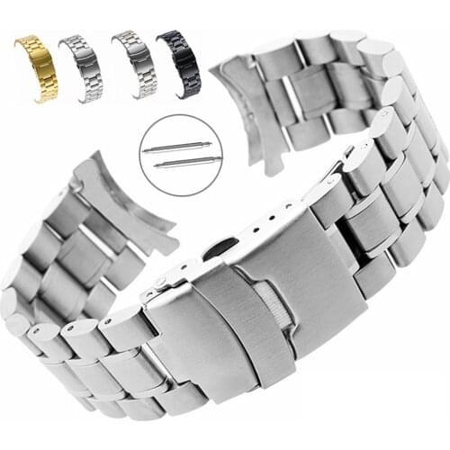 Stainless Steel 18mm 20mm 22mm Curved End Watchband Men Women Metal Solid Double Lock Buckle Strap Bracelet Band Accessories