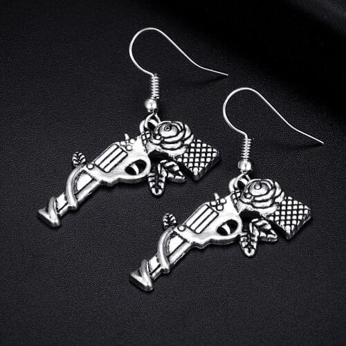 Vintage Pistol Gun Shape Antique Silver Plated Punk Hiphop Rock Style Retro Drop Earrings for Women Girl & Man Party Jewelry