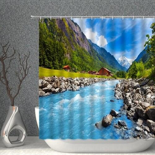 Waterproof Shower Curtain Blue Sea Woods River Natural Scenery Polyester Fabric Bath Curtains Bath Screen High Quality With Hook