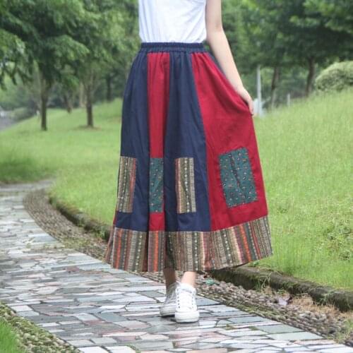 Women Indie Folk Linen Skirt Ladies Summer Fashion Casual Vintage Long Ankle-Length Patchwork Empire Skirts