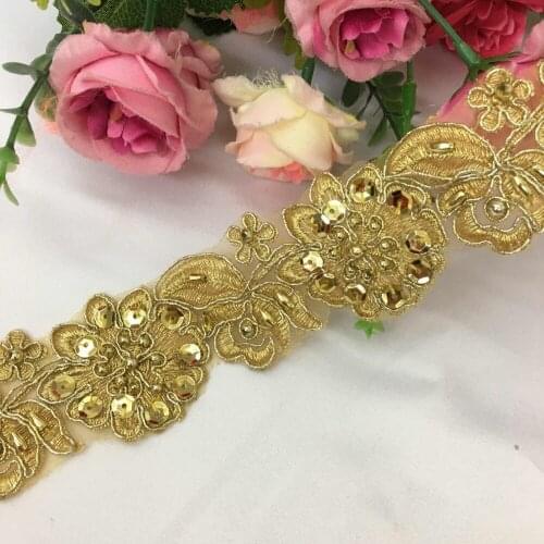 1Yds/lot 4.2 cm wide golden flower sequin car bone beaded lace bridal wedding tiara dress lace accessories SC445