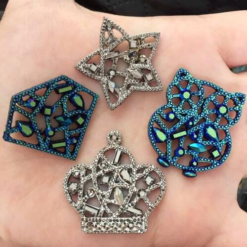 6 Pcs AB Resin hollow out beautiful crown/Owl/heart/star/ Diamond Flatback rhinestone scrapbook DIY Wedding applique ornament