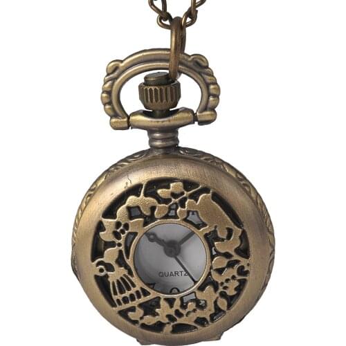 6076Retro personality openwork pattern pocket watch bird cage animal flip bronze quartz watch with necklace
