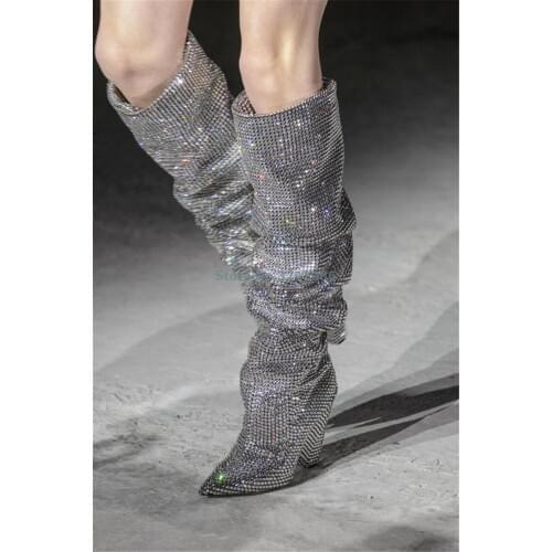 Shinning Rhinestone Mid Calf Lady Boots Blue Brown Suede Pointed Toe Spike Chunky High Heel Boots Fashion Pleated Crystal Shoes