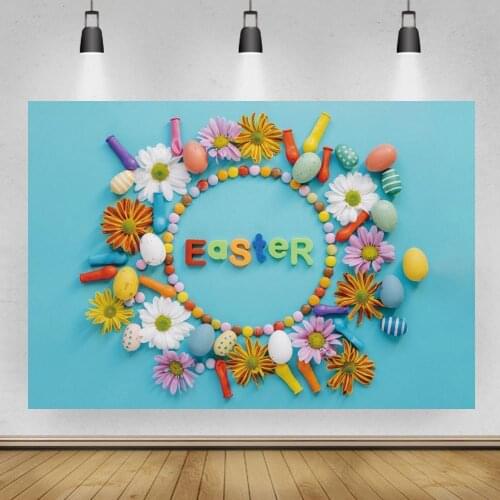 Easter Blue Wooden Board Background Flower Eggs Decoration Table Festival Flower Wreath Gifts Photography Backdrop Photobooth