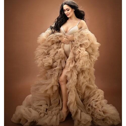 Champagne Maternity Gowns for Photoshoot Tiered Skirts Pregnant Women Gown Voluminous Ruffles Lingerie Bathrobe Nightwear