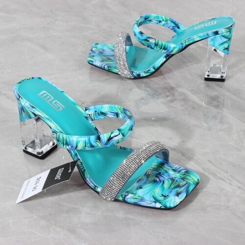 Fashion womens sandals 2021 summer new rhinestone word belt super high heel sandals square heel patent leather printing 8.5CM